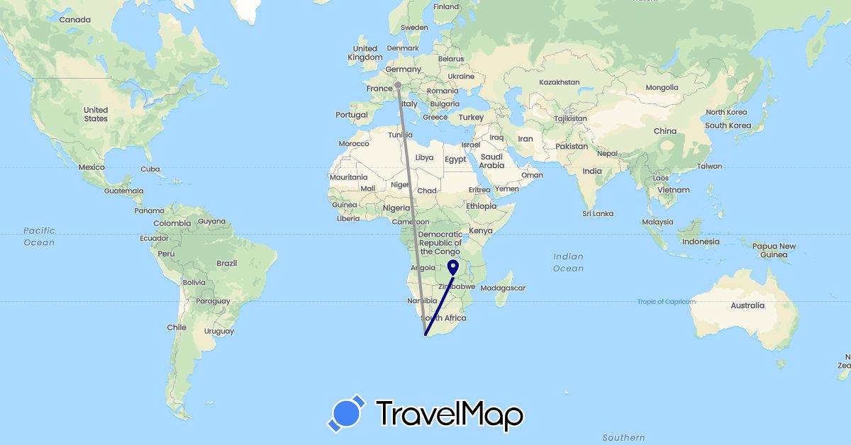 TravelMap itinerary: driving, plane in Switzerland, Zambia (Africa, Europe)